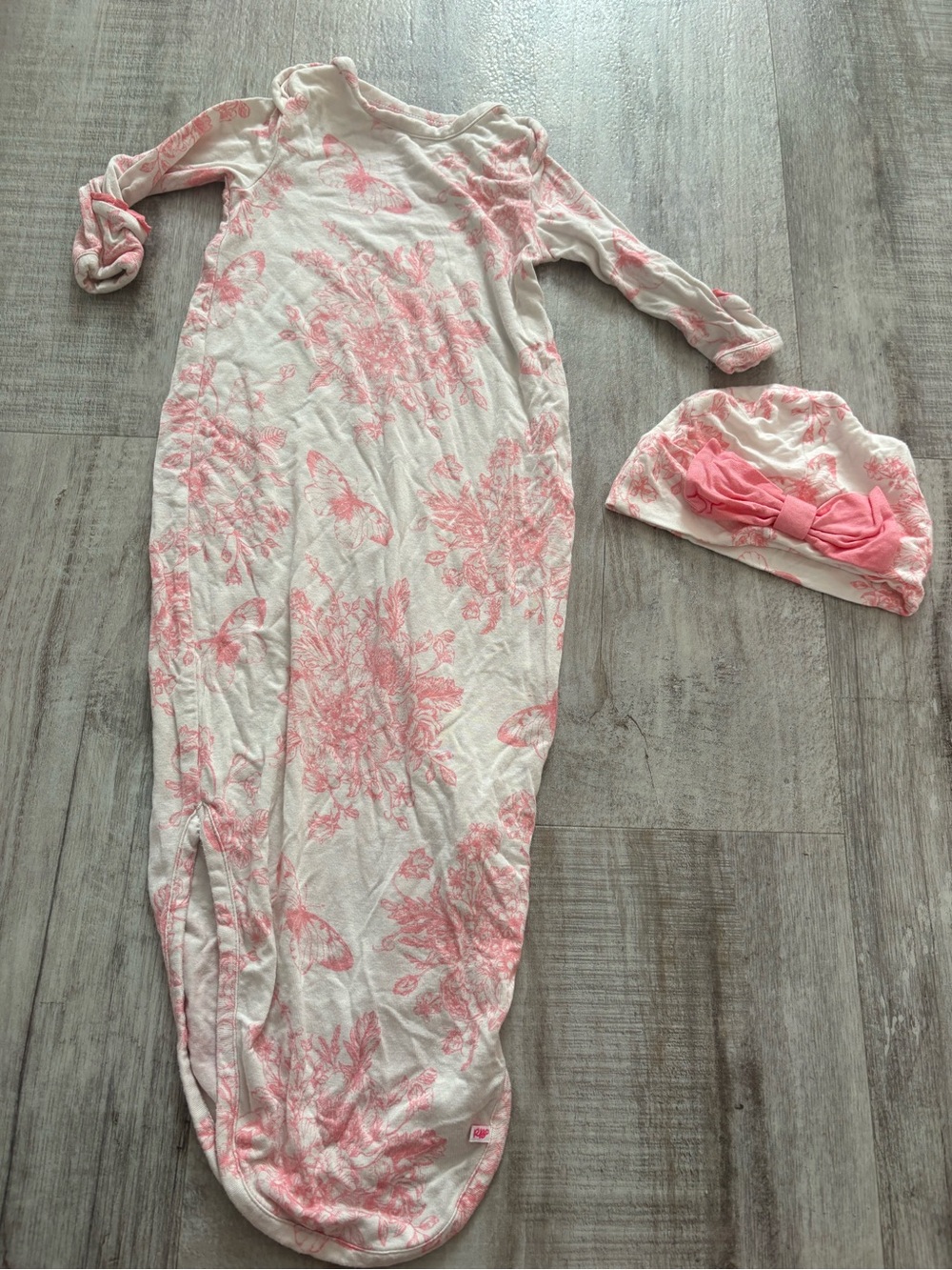 Ruffle Butts Knotted Baby Sleep Gown & Hat White Pink Floral Butterfly
